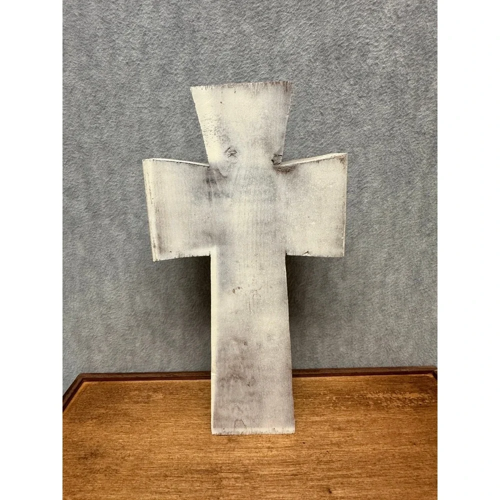 Wooden Grace Standing Cross White Distressed Rustic Metal Clip Decor
